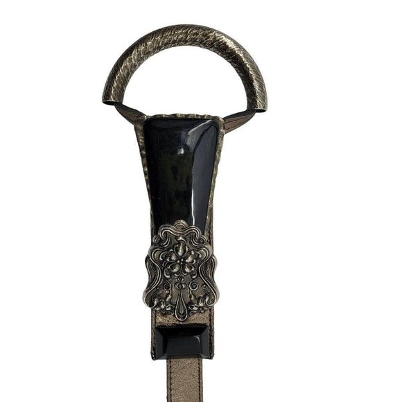 Vintage 80's Belt Leather Bronze Ornate Fold Hook Loop Black Buckle Gothic M 34" - Picture 3 of 10